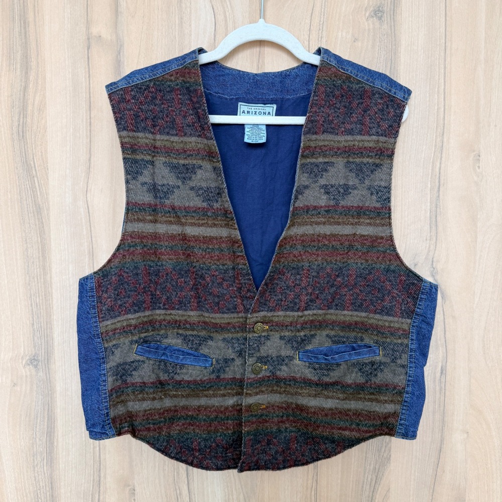 VTG Arizona Denim‎ Vest Size L Blue Multi Southwestern Boho 90s Americana Ranch